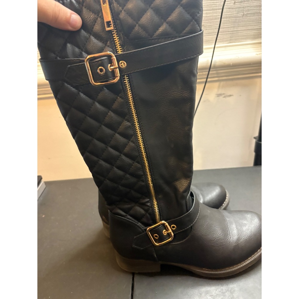 Global Win Womens Black Quilted Tall Riding Boots Gold Buckle 19YY03 Size 8